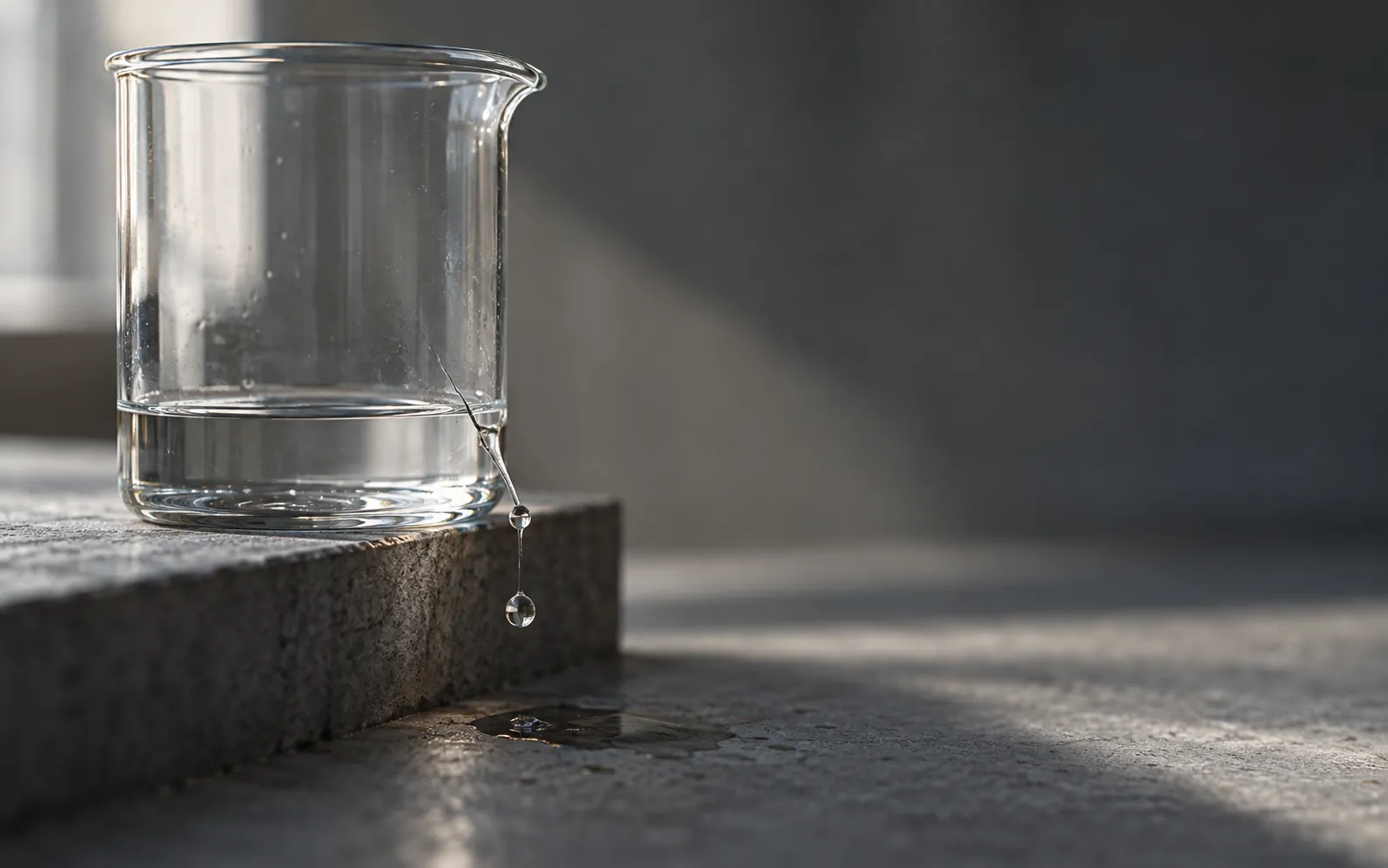 Messbecher mit feinem Riss, aus dem Wasser tropft